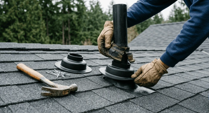 Roofer replacing a cracked pipe boot during a roof repair in Sandy OR