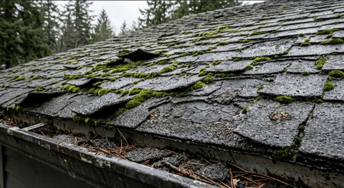 Worn asphalt shingles with granule loss and moss showing a roof needs replacement