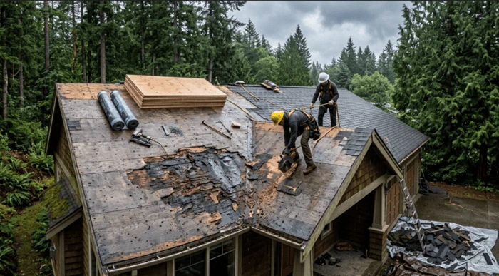 Roof tear off revealing rotted decking during a roof replacement in Sandy Oregon